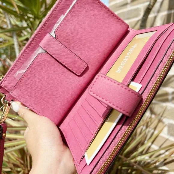 Michael Kors Jet Set Travel Double Zip Wristlet Rosewood Pink Saffiano Leather - Picture 2 of 5